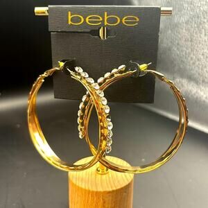 bebe Gold Hoop Earrings w/ Crystal Rhinestone Trim Gold-Tone Hoop, NWT